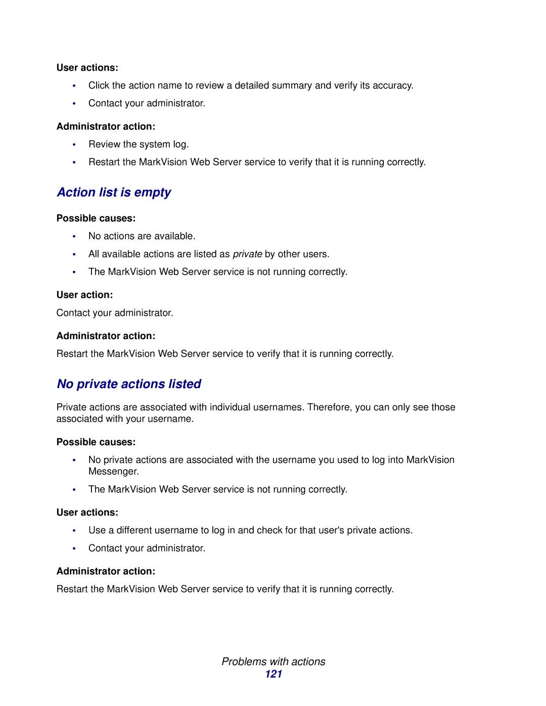 Lexmark 11 manual Action list is empty, No private actions listed, 121 