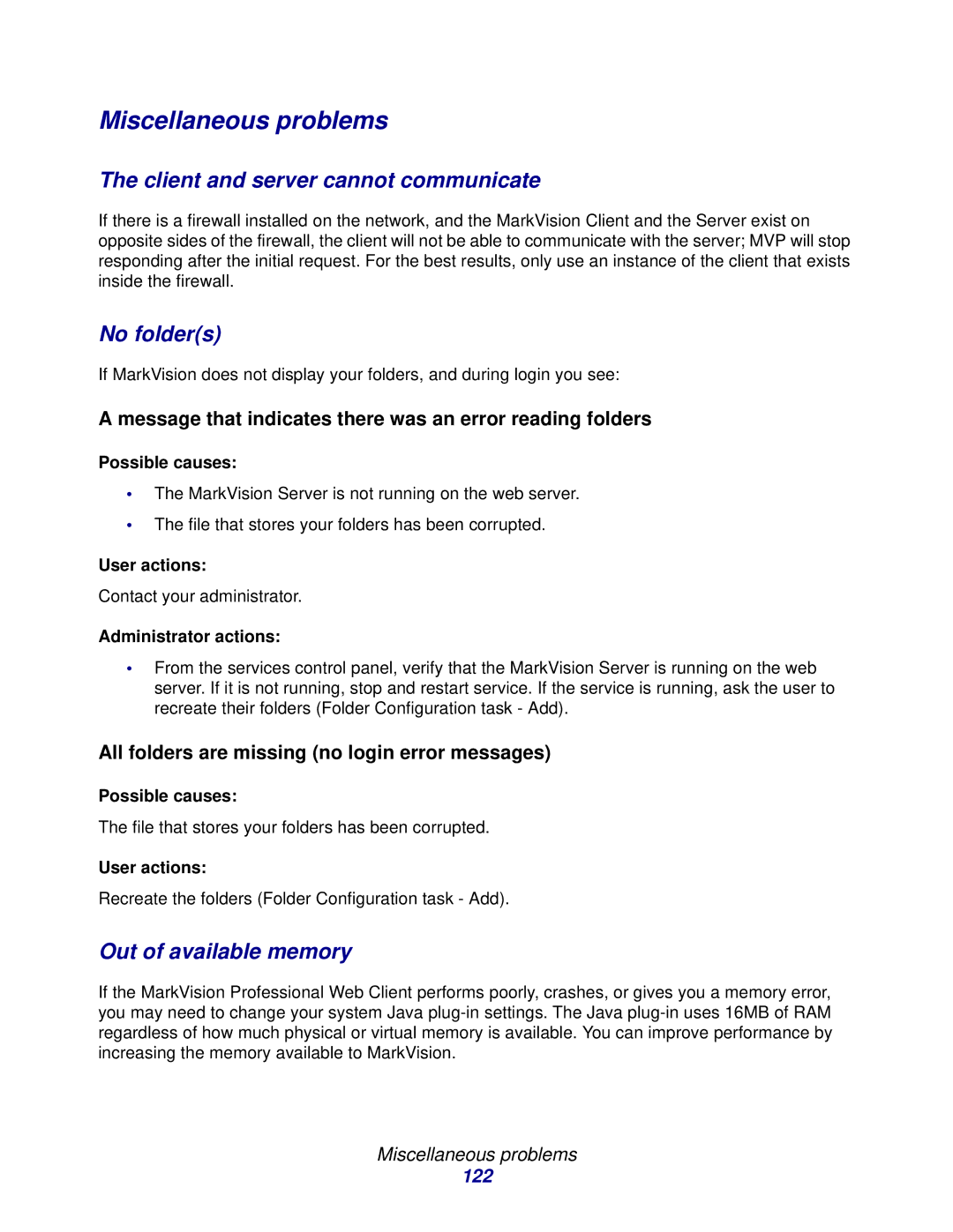 Lexmark 11 manual Miscellaneous problems, Client and server cannot communicate, No folders, Out of available memory 