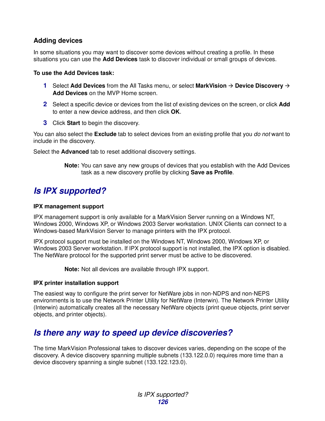 Lexmark 11 manual Is IPX supported?, Is there any way to speed up device discoveries?, Adding devices, 126 