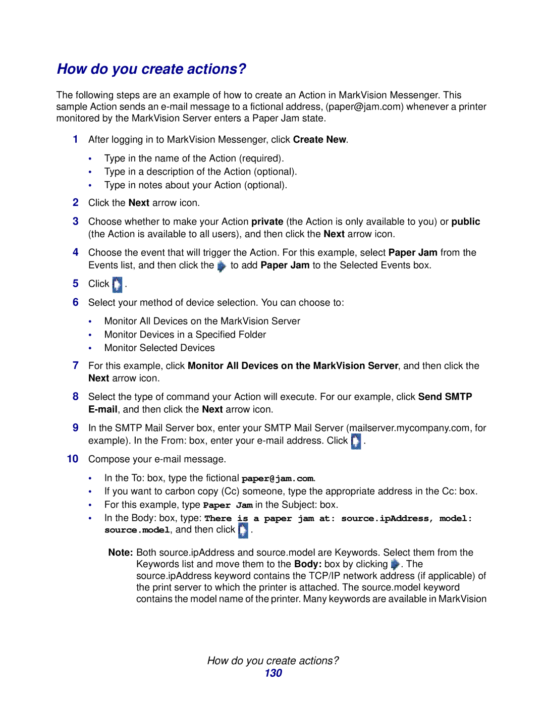 Lexmark 11 manual How do you create actions?, 130 