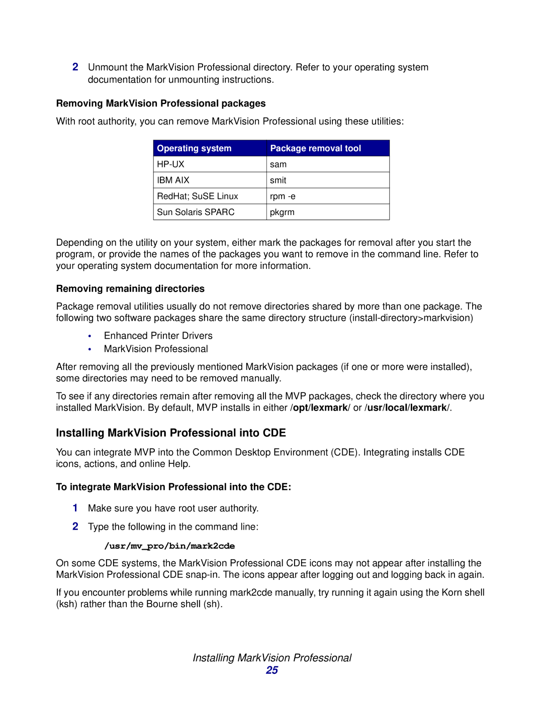 Lexmark 11 manual Installing MarkVision Professional into CDE, Removing MarkVision Professional packages 