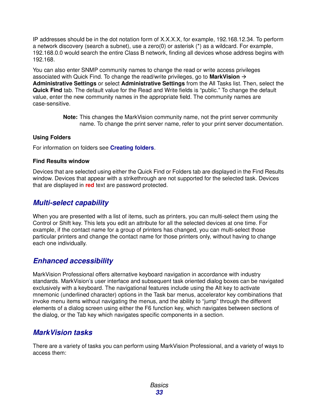 Lexmark 11 manual Multi-select capability, Enhanced accessibility, MarkVision tasks, Using Folders, Find Results window 