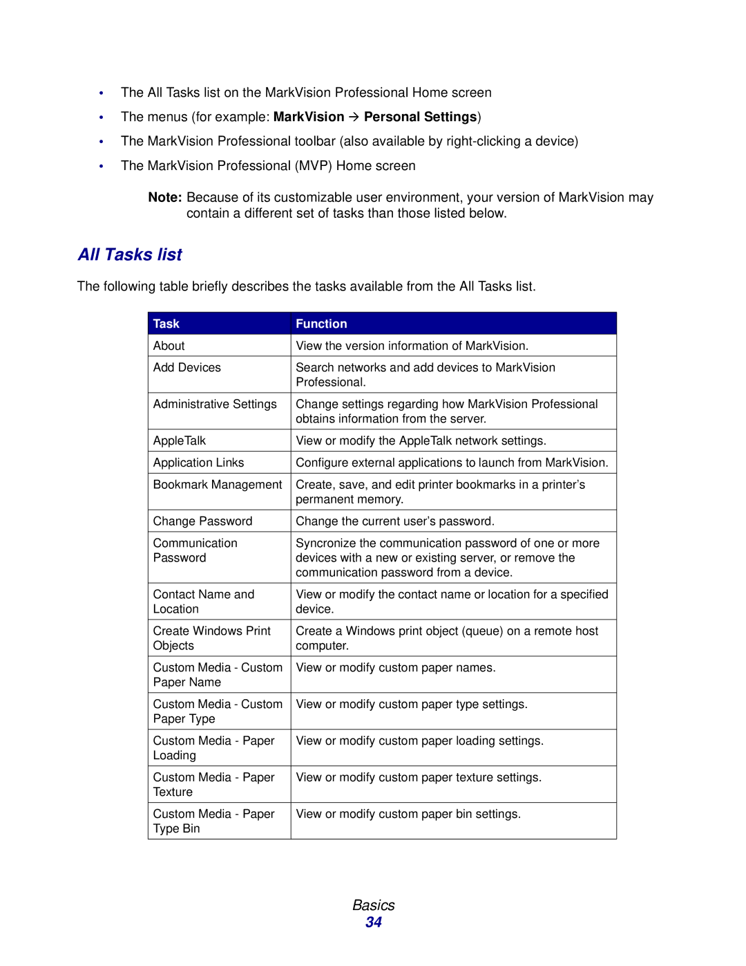 Lexmark 11 manual All Tasks list, Menus for example MarkVision Æ Personal Settings 