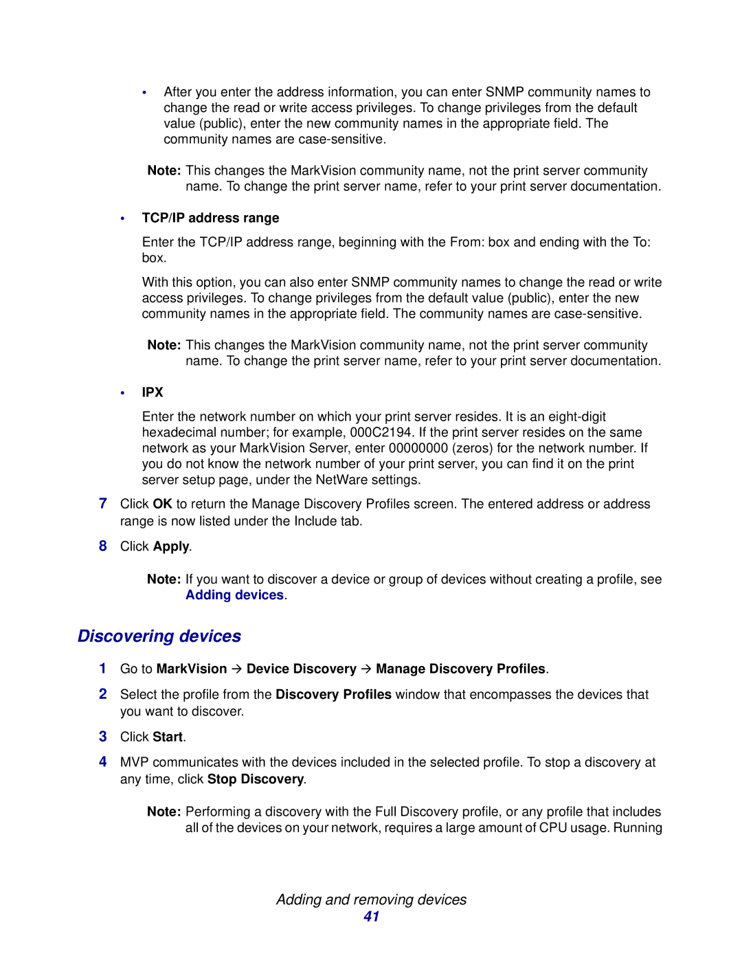 Lexmark 11 manual Discovering devices, Adding and removing devices, TCP/IP address range 