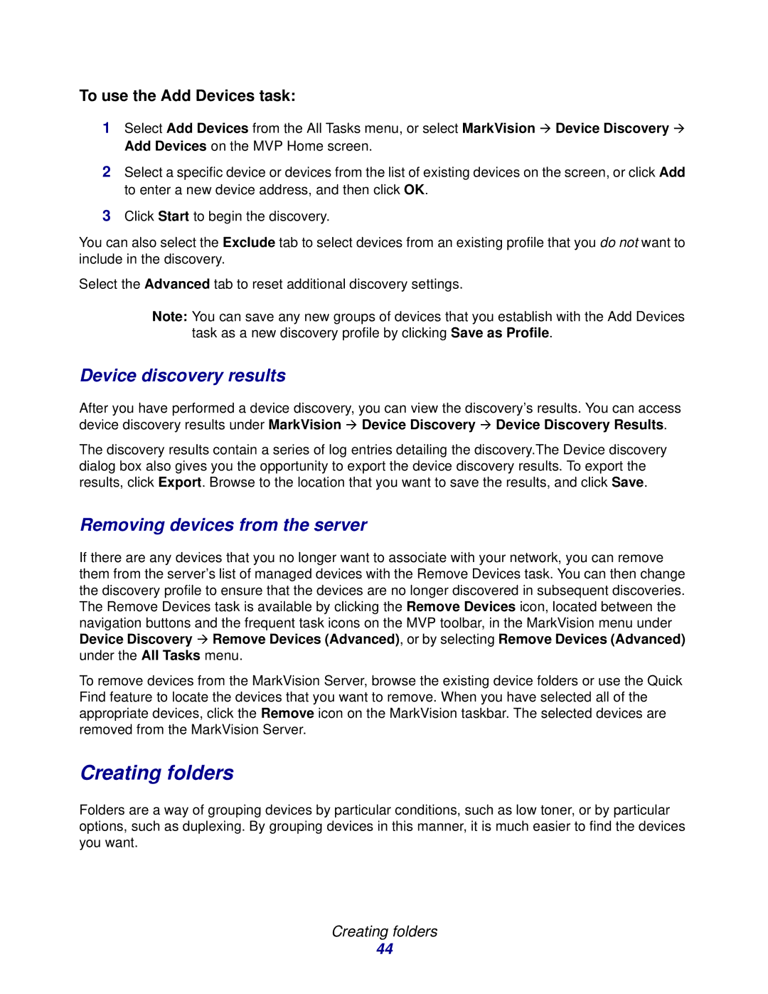 Lexmark 11 manual Creating folders, Device discovery results, Removing devices from the server, To use the Add Devices task 