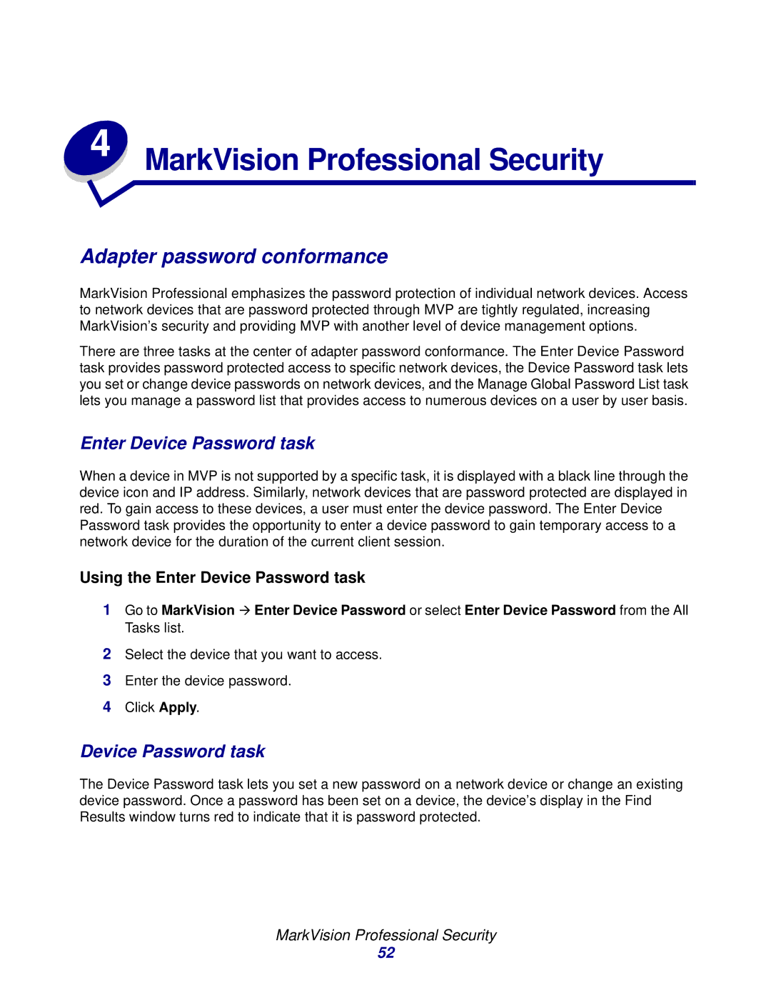 Lexmark 11 manual Adapter password conformance, Using the Enter Device Password task, MarkVision Professional Security 