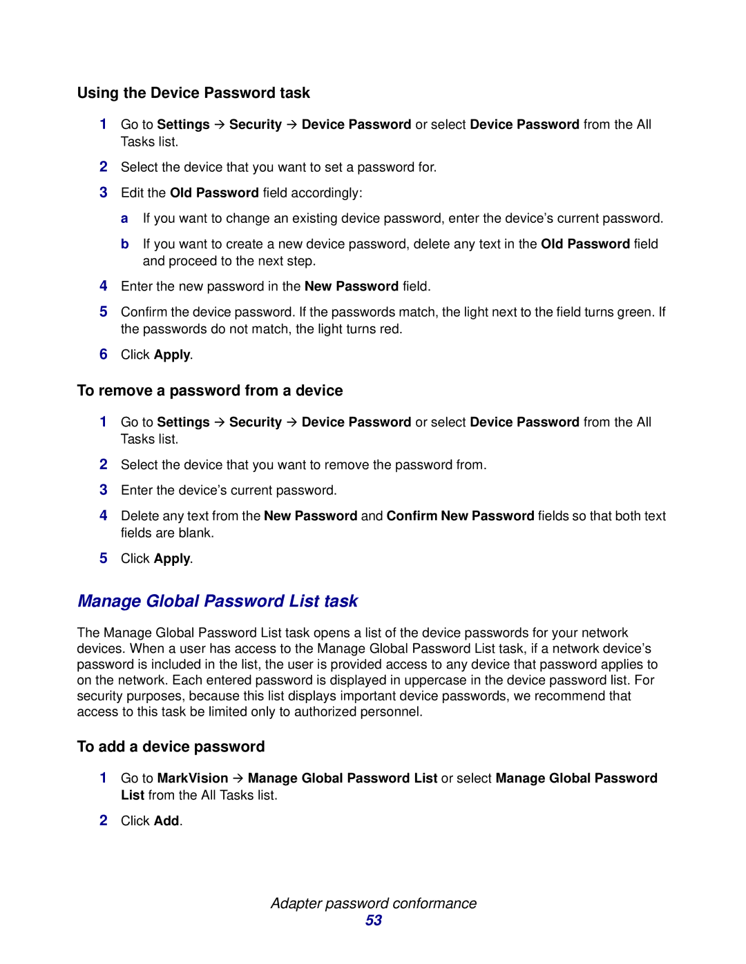 Lexmark 11 manual Manage Global Password List task, Using the Device Password task, To remove a password from a device 