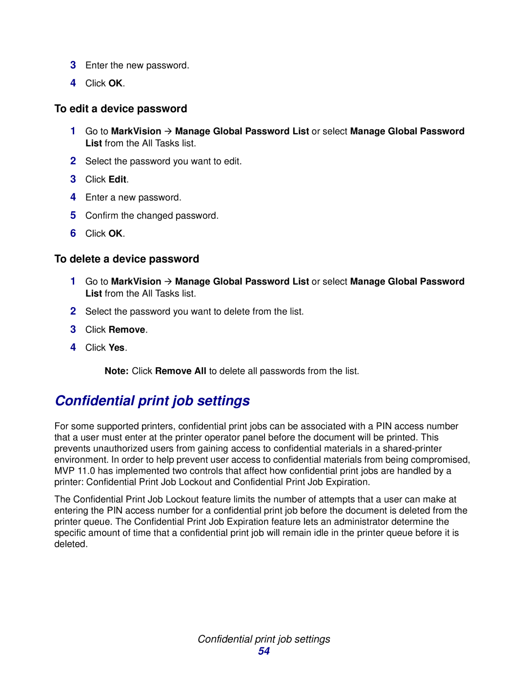 Lexmark 11 manual Confidential print job settings, To edit a device password, To delete a device password 