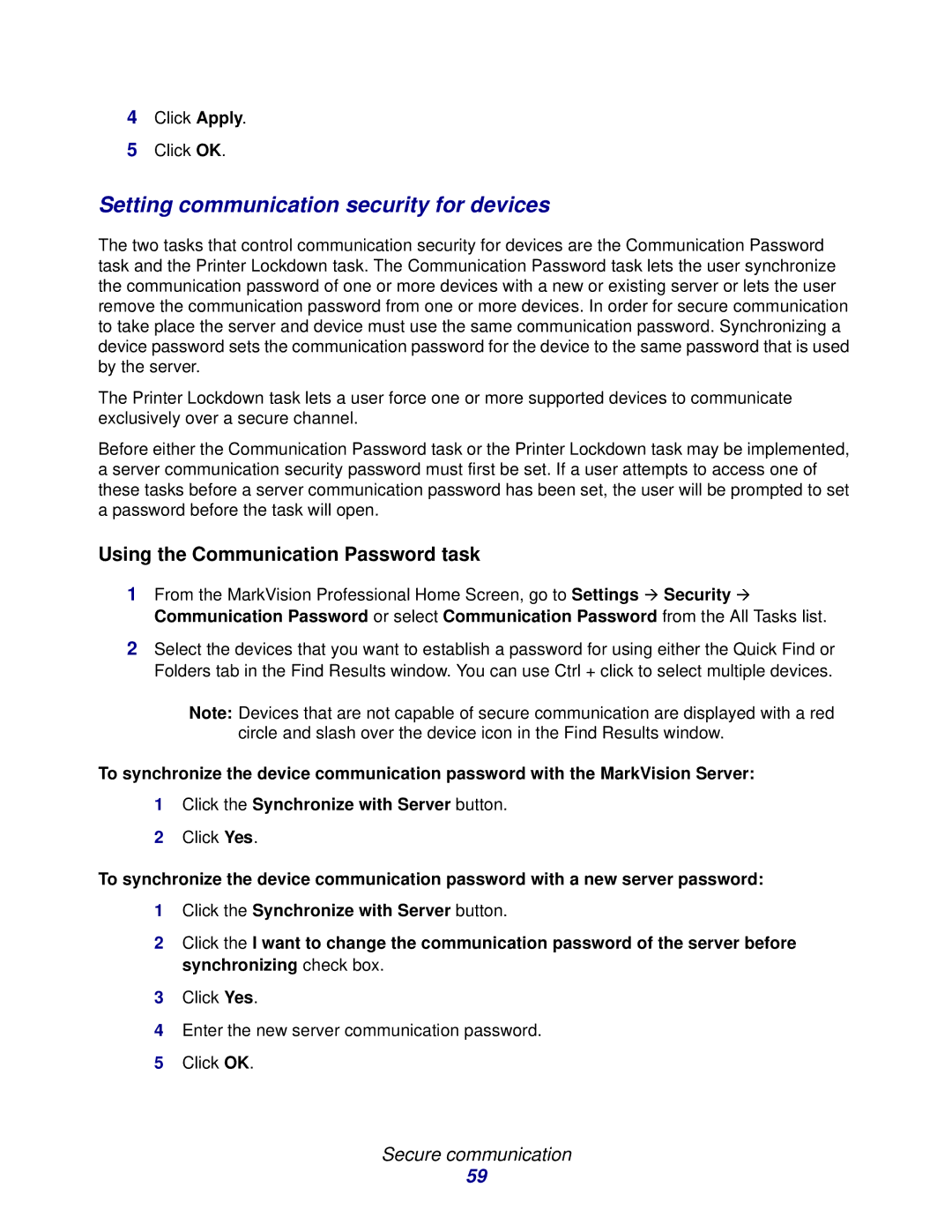 Lexmark 11 manual Setting communication security for devices, Using the Communication Password task 