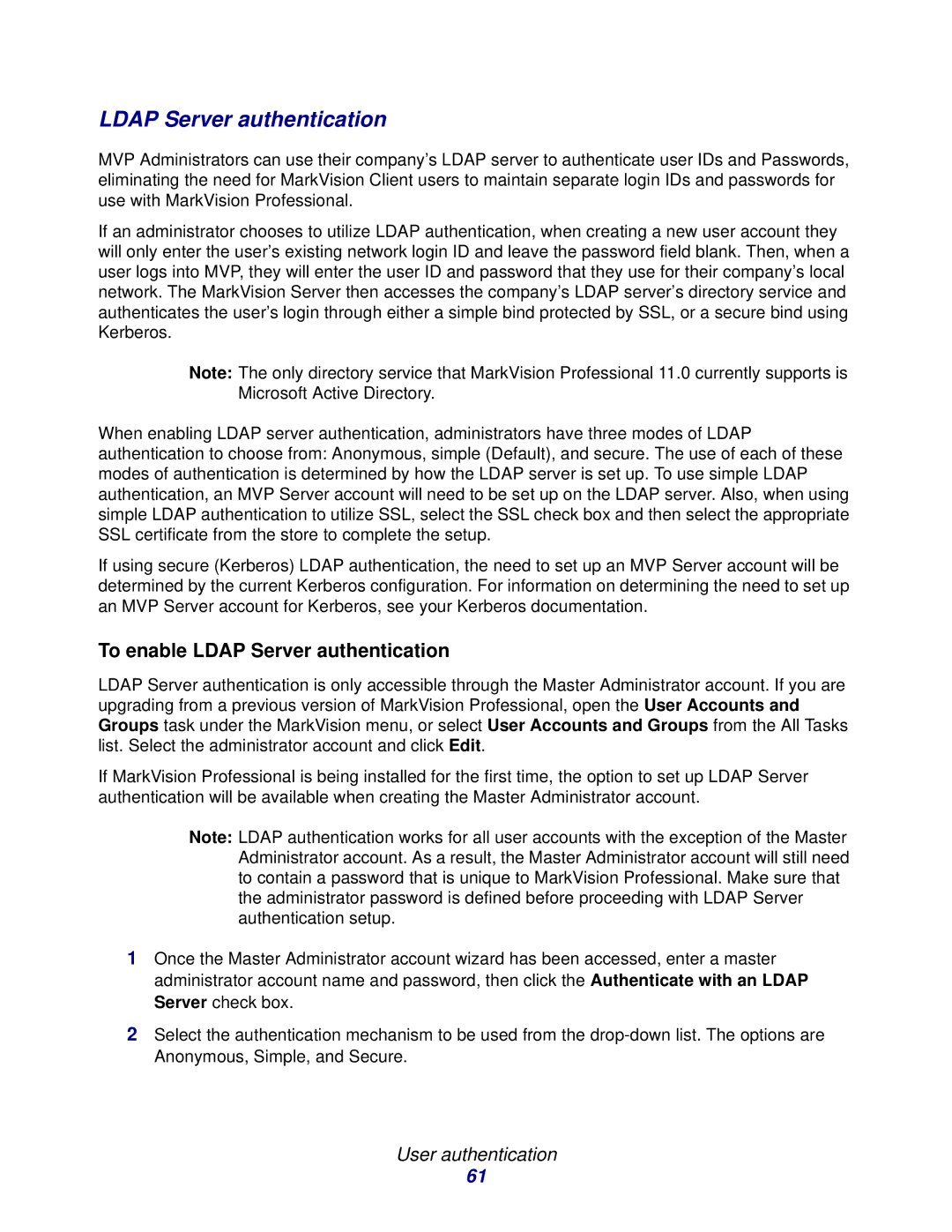 Lexmark 11 manual To enable Ldap Server authentication, User authentication 