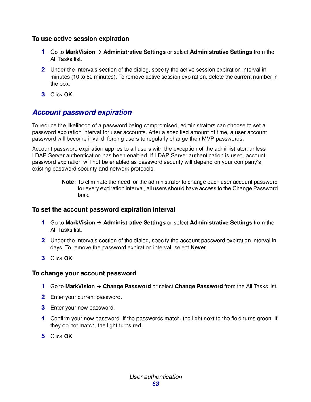 Lexmark 11 Account password expiration, To use active session expiration, To set the account password expiration interval 