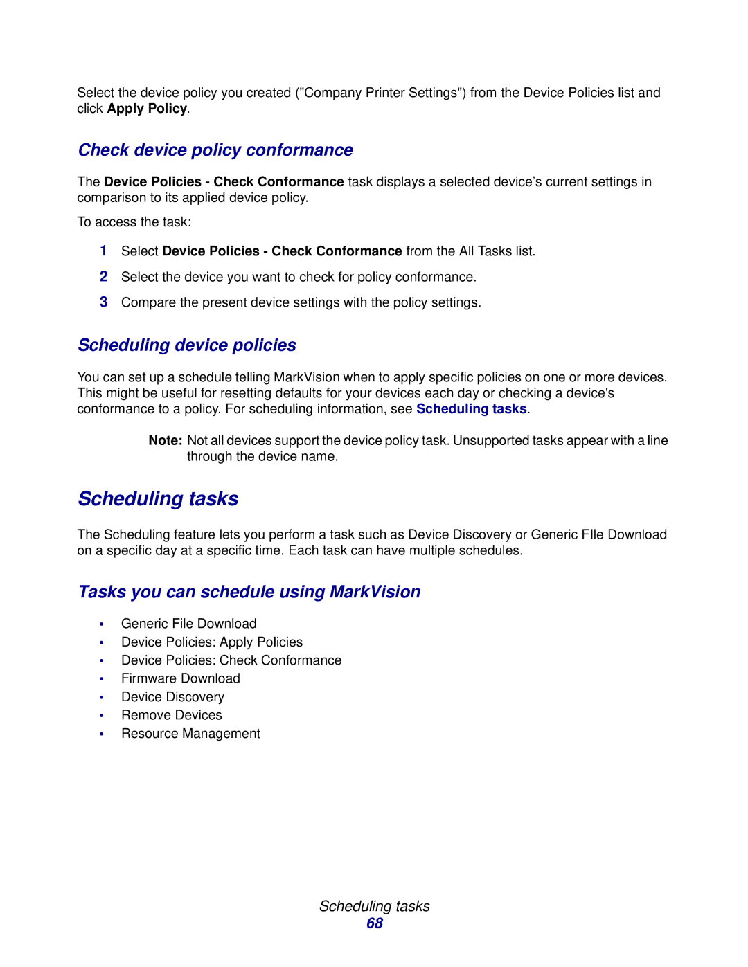 Lexmark 11 manual Scheduling tasks, Check device policy conformance, Scheduling device policies 