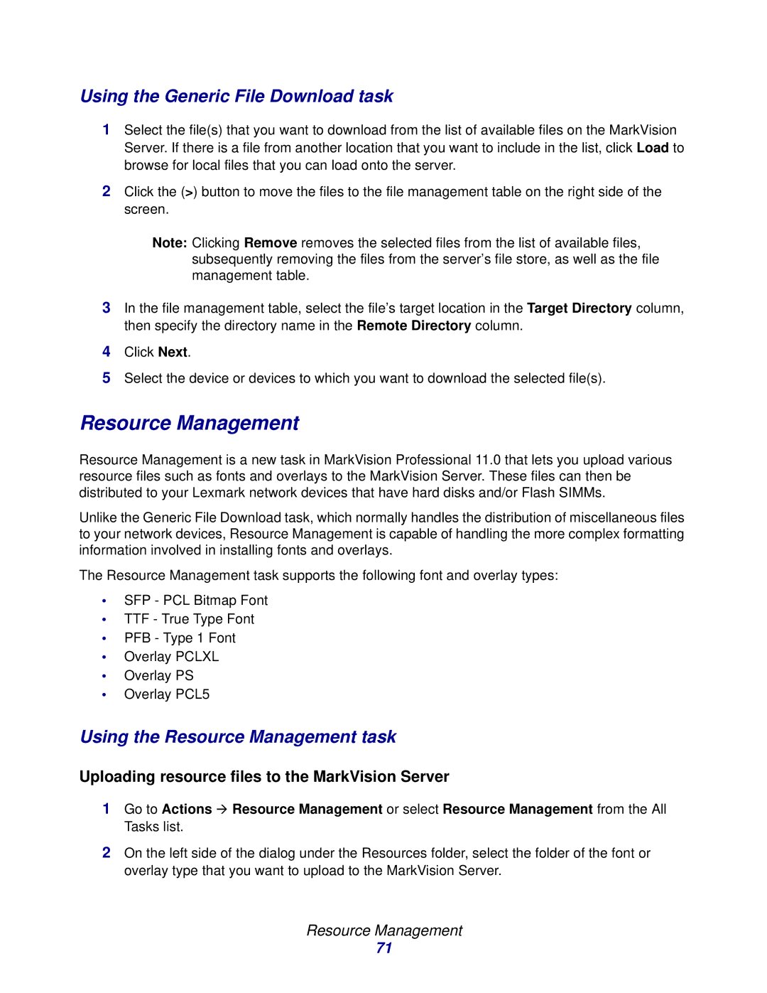 Lexmark 11 manual Using the Generic File Download task, Using the Resource Management task 