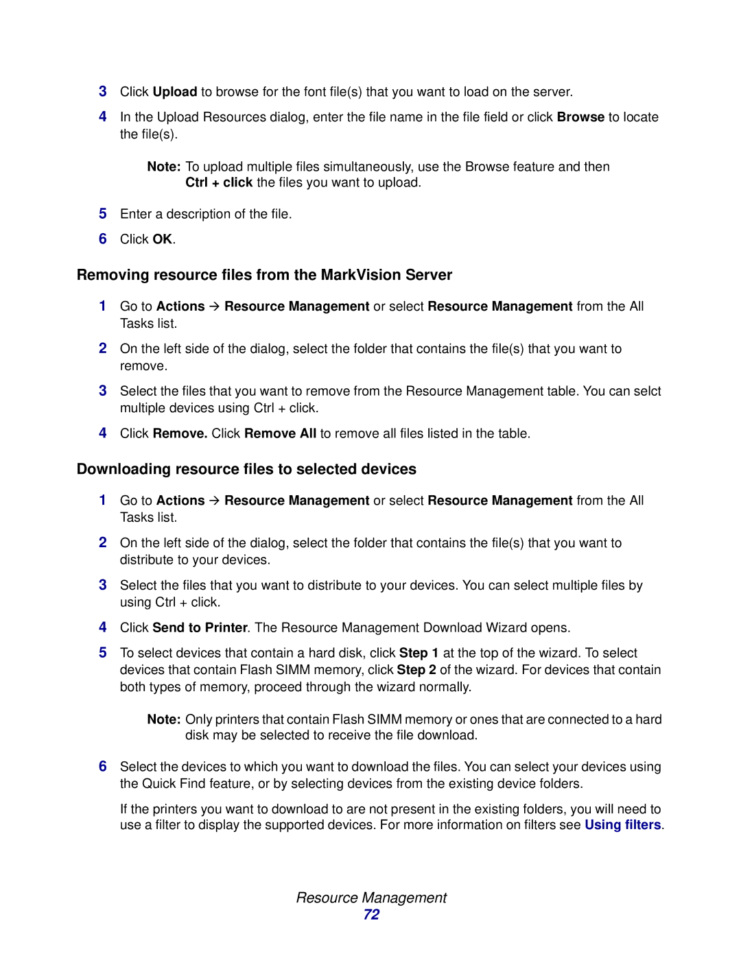Lexmark 11 manual Removing resource files from the MarkVision Server, Downloading resource files to selected devices 