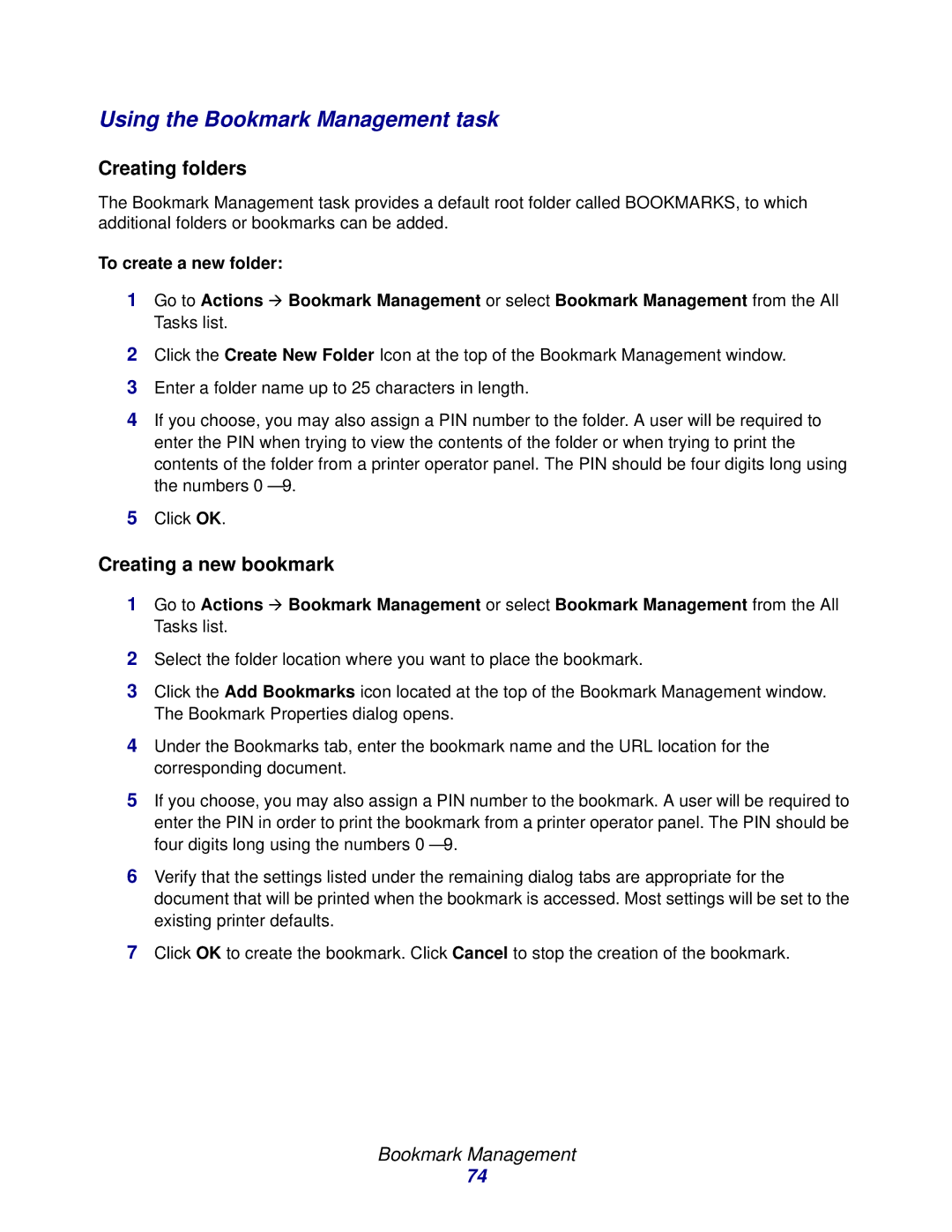 Lexmark 11 manual Using the Bookmark Management task, Creating folders, Creating a new bookmark, To create a new folder 