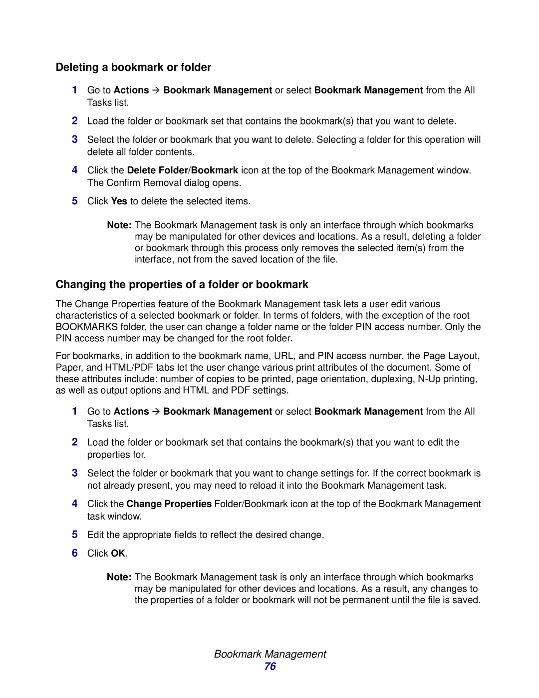 Lexmark 11 manual Deleting a bookmark or folder, Changing the properties of a folder or bookmark 