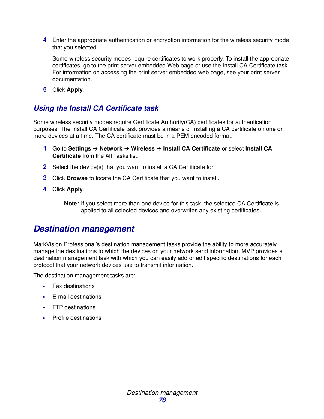 Lexmark 11 manual Destination management, Using the Install CA Certificate task 