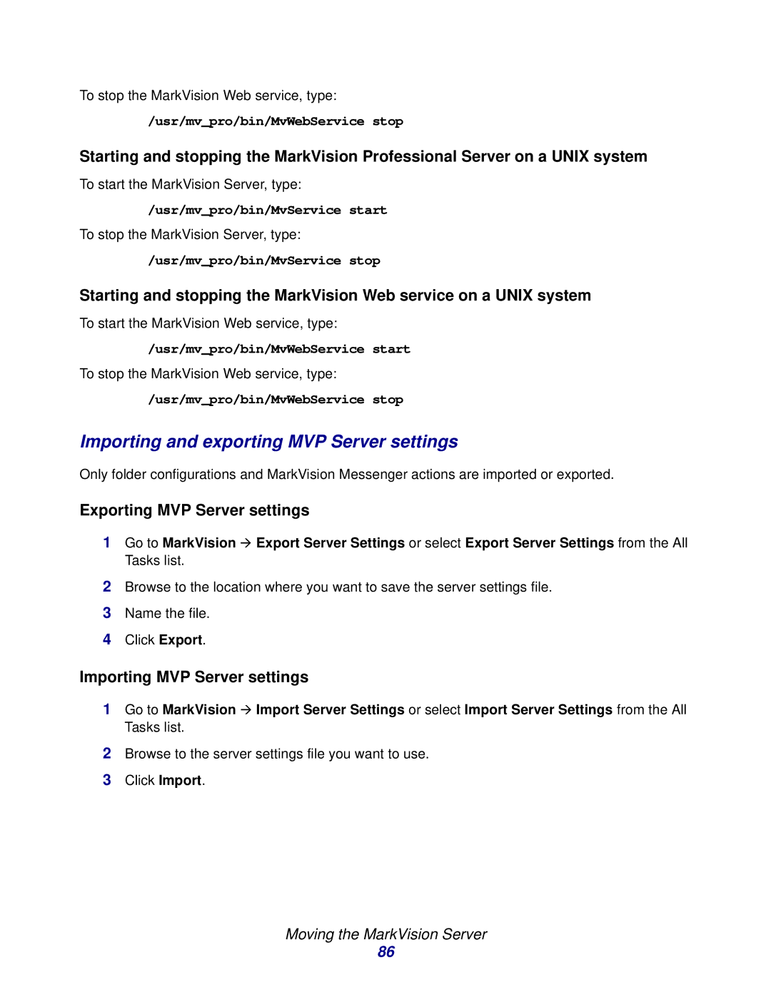 Lexmark 11 manual Importing and exporting MVP Server settings, Exporting MVP Server settings, Importing MVP Server settings 