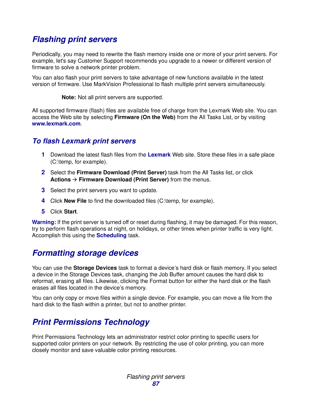 Lexmark 11 manual Flashing print servers, Formatting storage devices, Print Permissions Technology 