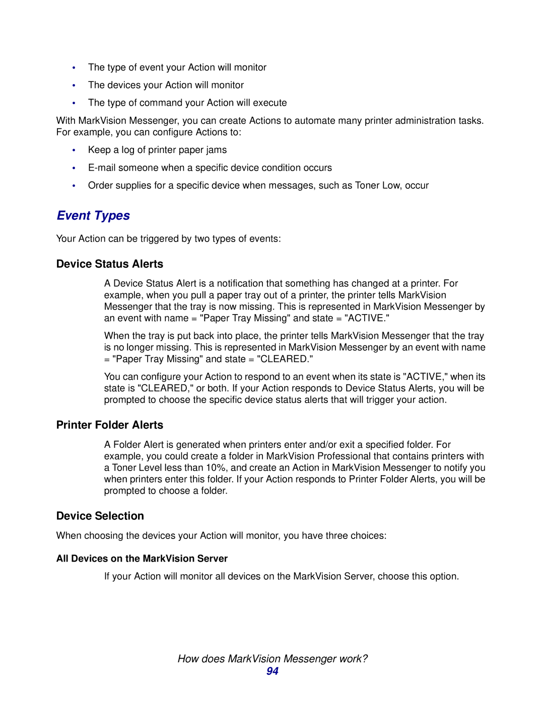 Lexmark 11 Event Types, Device Status Alerts, Printer Folder Alerts, Device Selection, How does MarkVision Messenger work? 