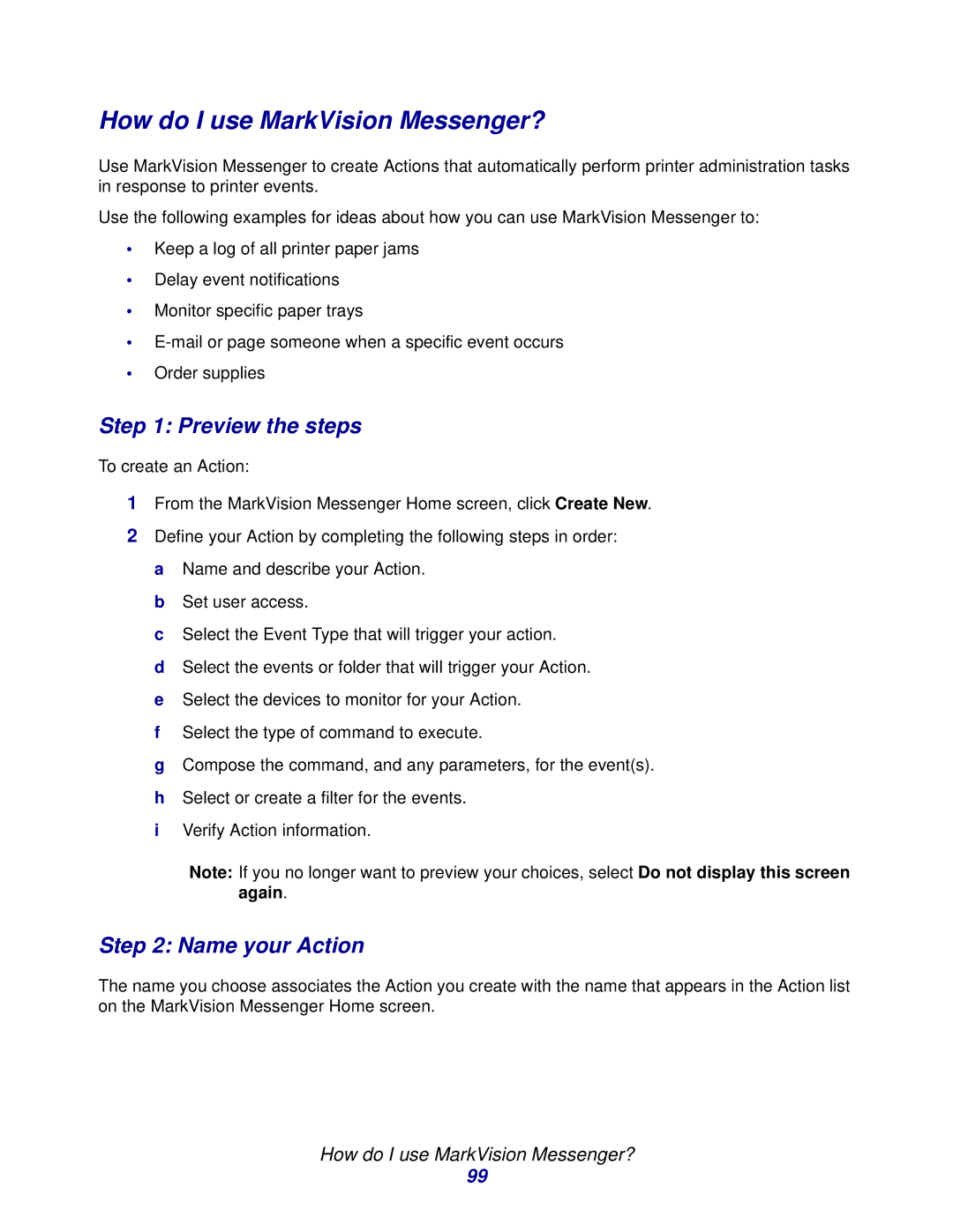 Lexmark 11 manual How do I use MarkVision Messenger?, Preview the steps, Name your Action 