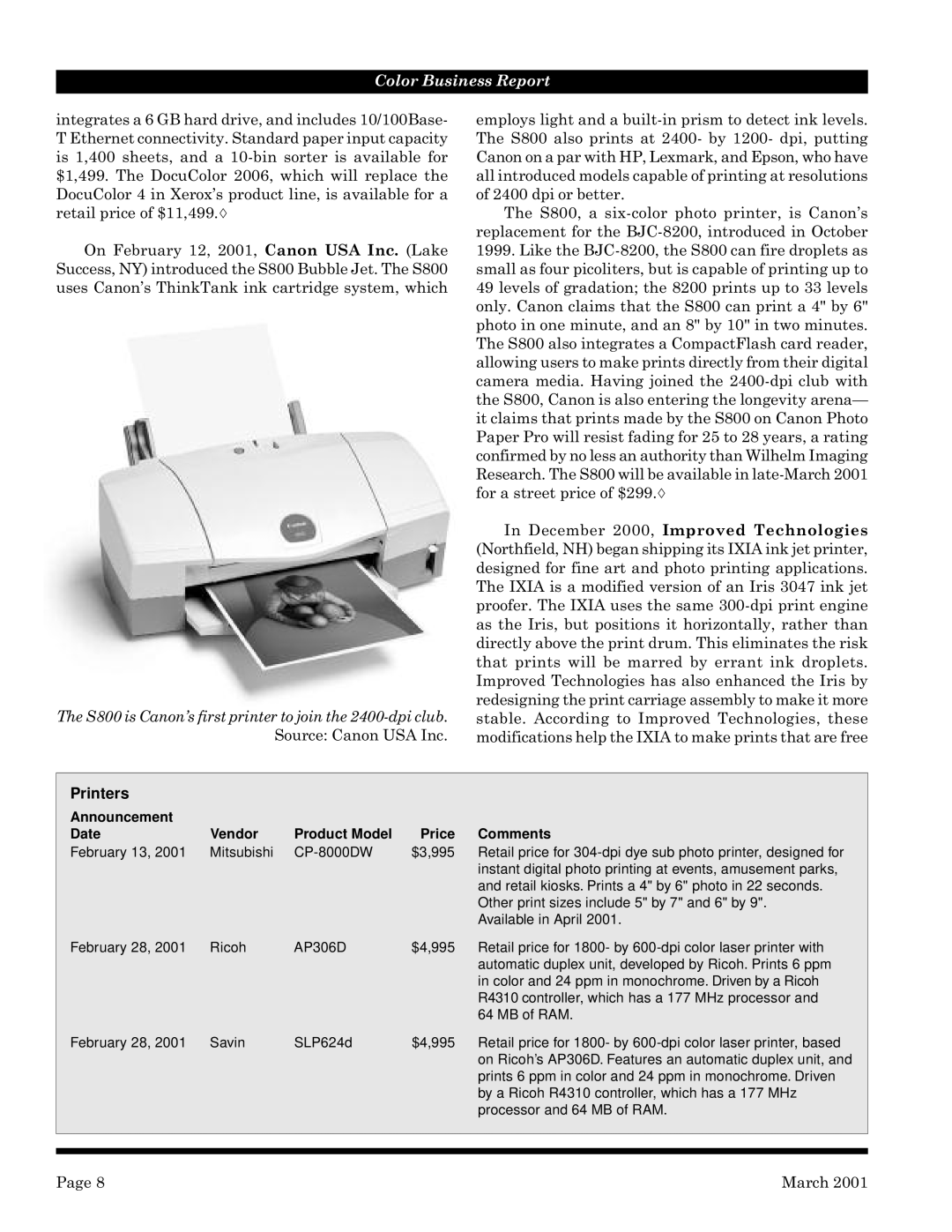 Lexmark 110, 720 manual Printers, Announcement Date Vendor Product Model Price Comments 