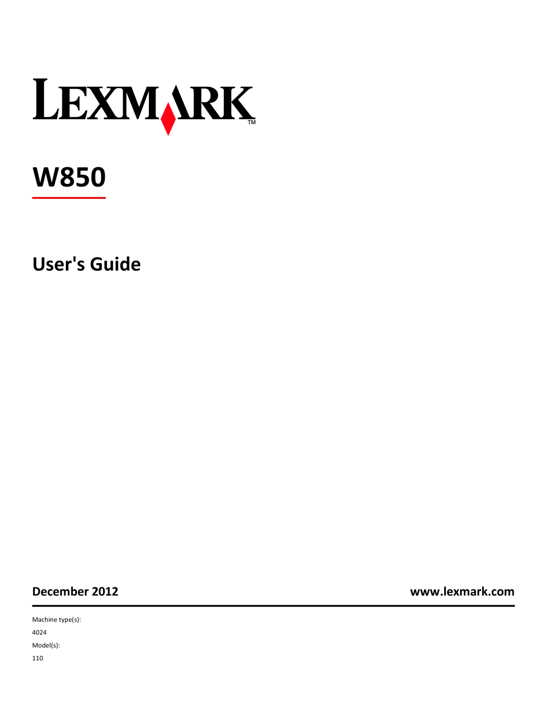 Lexmark W850DN, 110, 19Z0301 manual Users Guide, December 