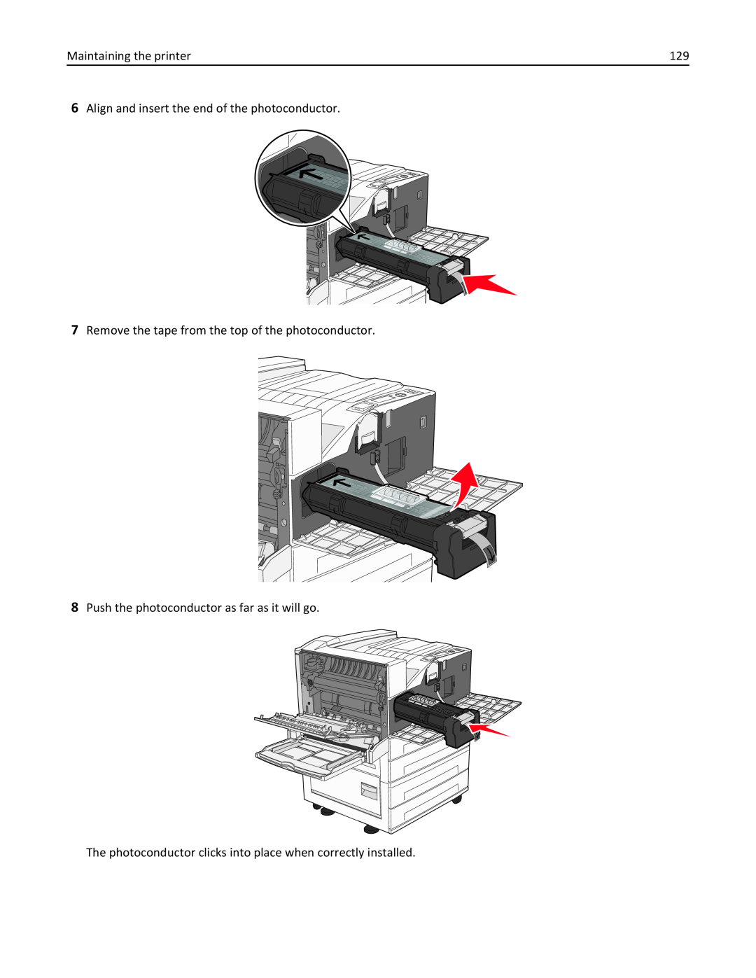 Lexmark 110, W850DN, 19Z0301 manual Maintaining the printer, Align and insert the end of the photoconductor 