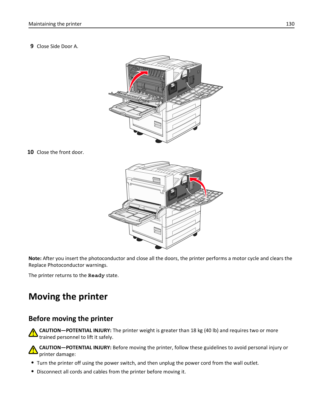 Lexmark W850DN, 110, 19Z0301 manual Moving the printer, Before moving the printer 