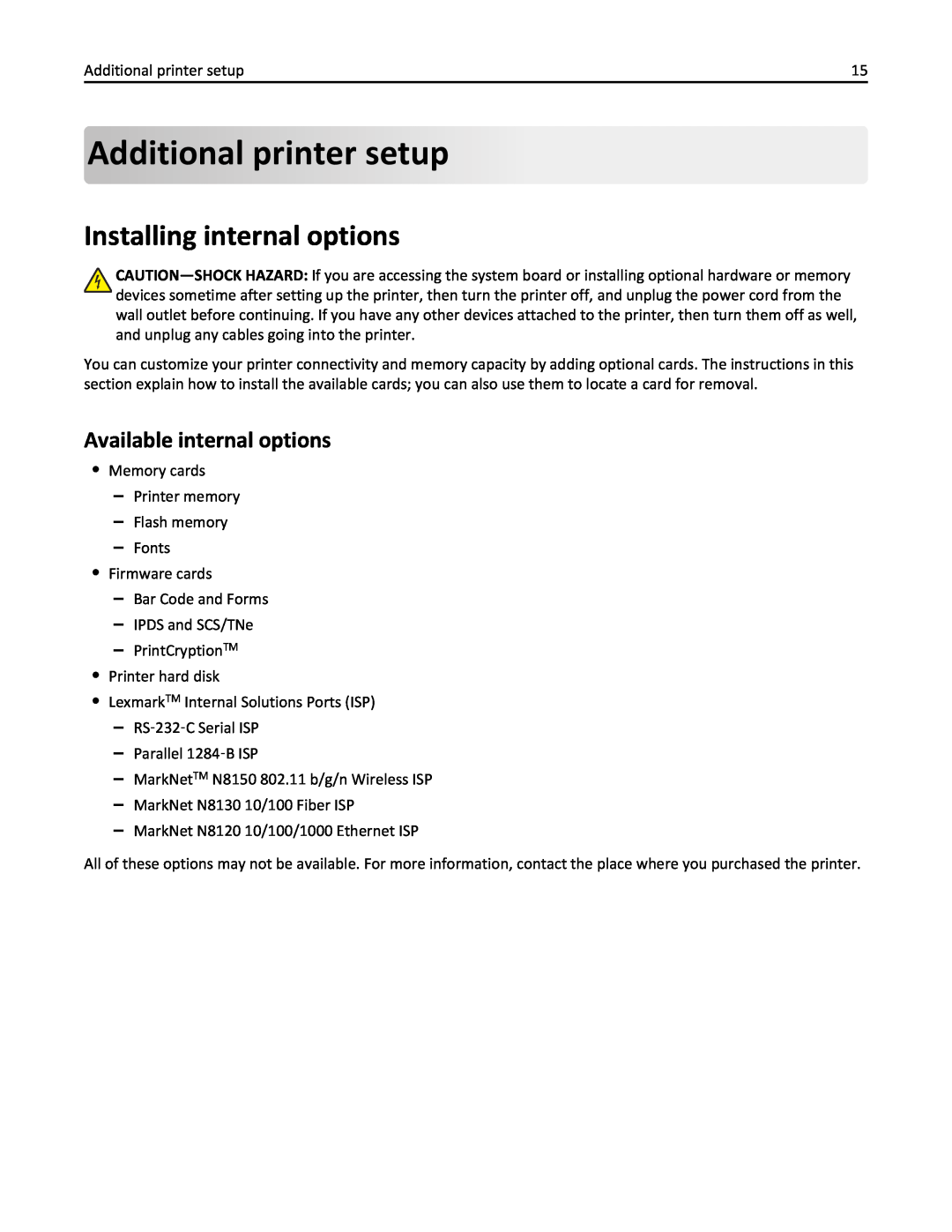 Lexmark 110, W850DN, 19Z0301 manual Additional printer setup, Installing internal options, Available internal options 
