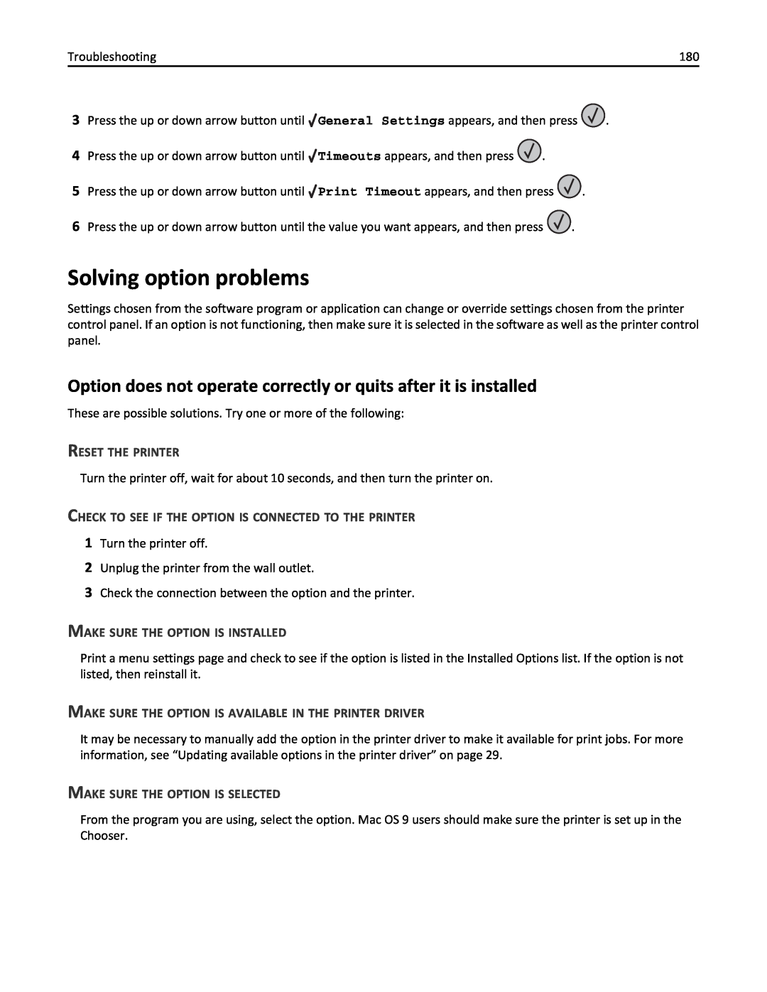 Lexmark 110 Solving option problems, Option does not operate correctly or quits after it is installed, Reset The Printer 
