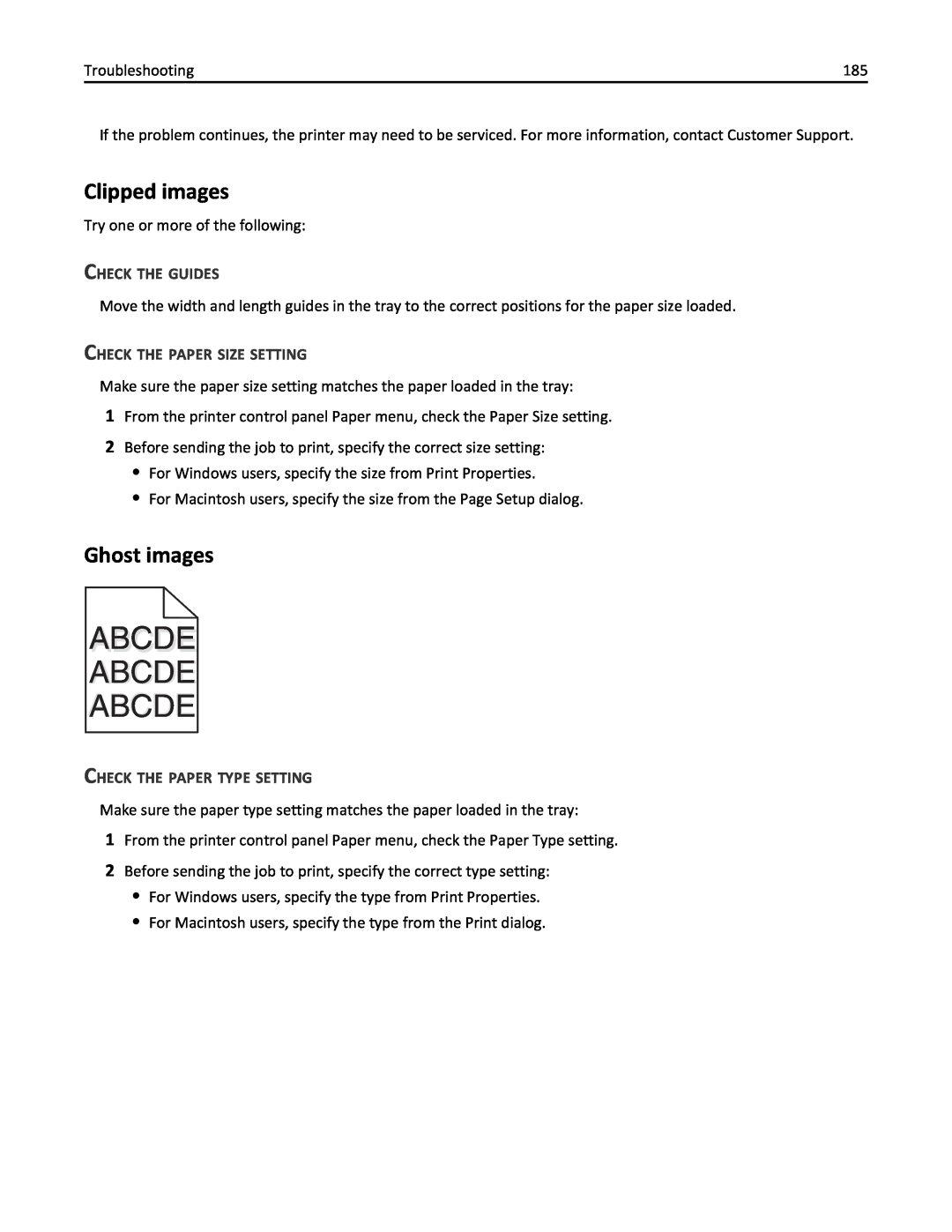 Lexmark 19Z0301, 110 manual Abcde Abcde Abcde, Clipped images, Ghost images, Check The Guides, Check The Paper Size Setting 