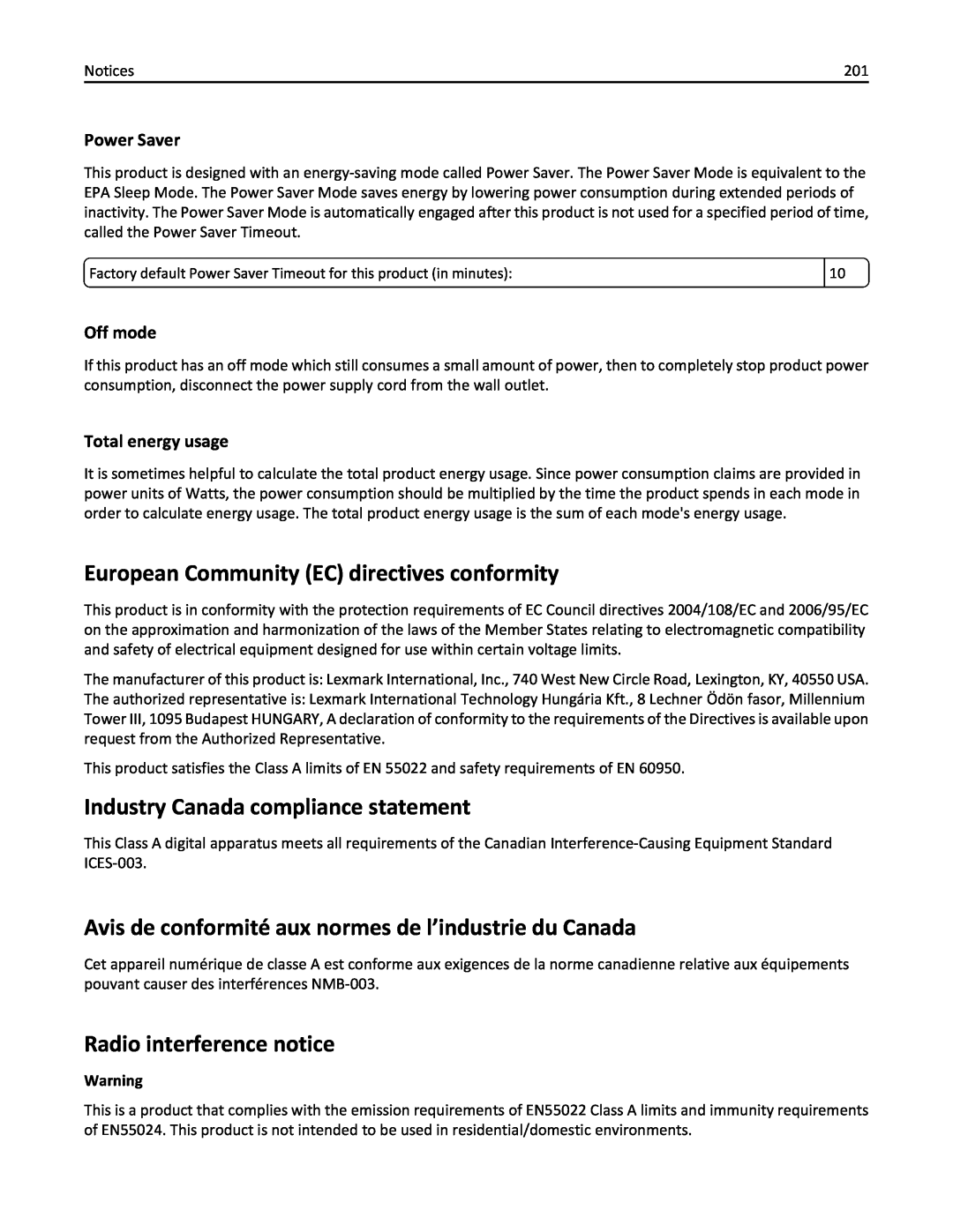 Lexmark 110 European Community EC directives conformity, Industry Canada compliance statement, Radio interference notice 