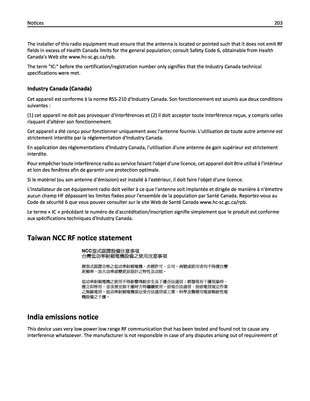 Lexmark 19Z0301, 110, W850DN manual Taiwan NCC RF notice statement India emissions notice, Industry Canada Canada 