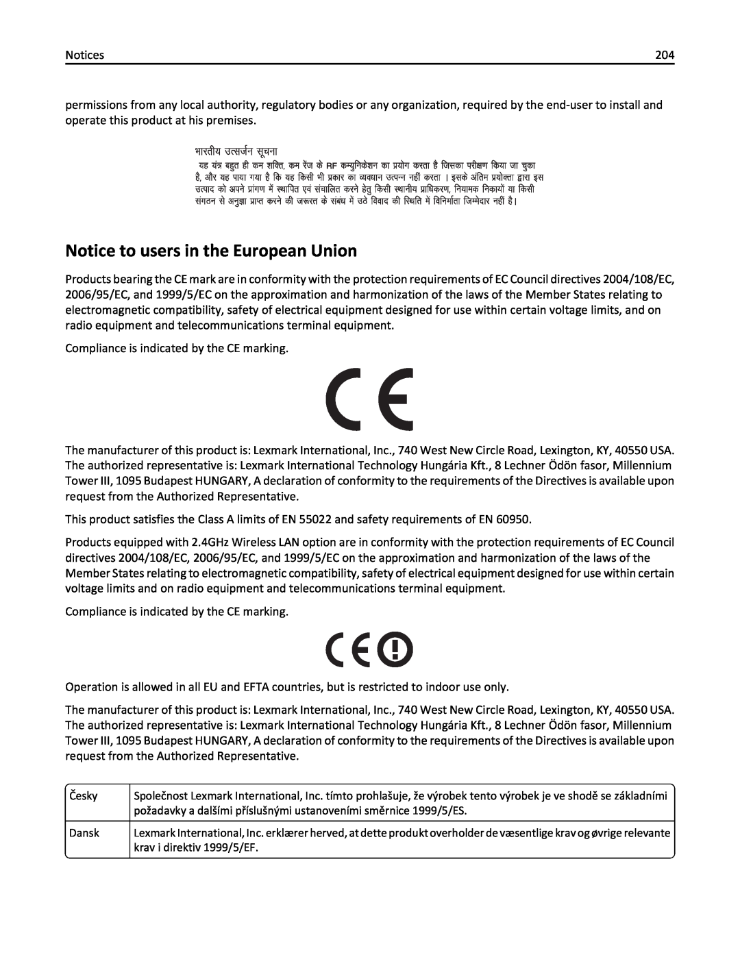 Lexmark 110, W850DN, 19Z0301 manual Notice to users in the European Union 