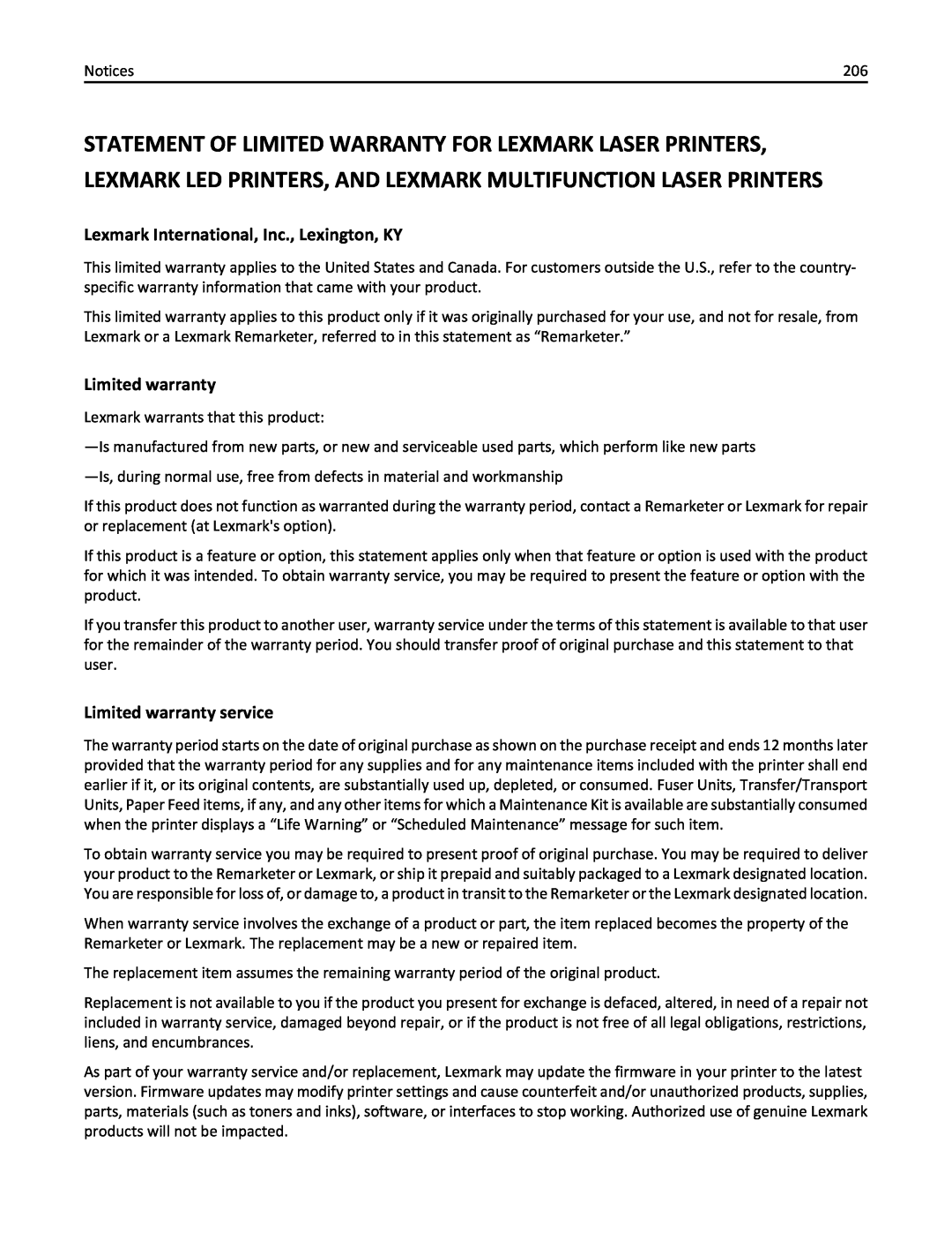 Lexmark 19Z0301, 110 Statement Of Limited Warranty For Lexmark Laser Printers, Lexmark International, Inc., Lexington, KY 