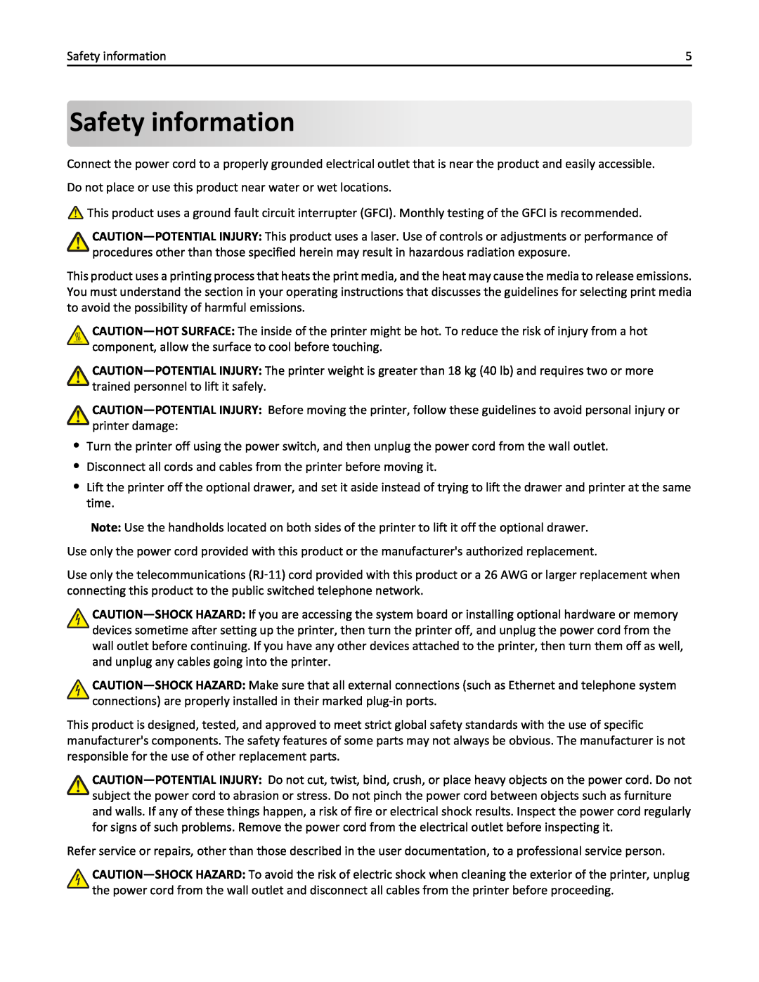 Lexmark 19Z0301, 110, W850DN manual Safety information 