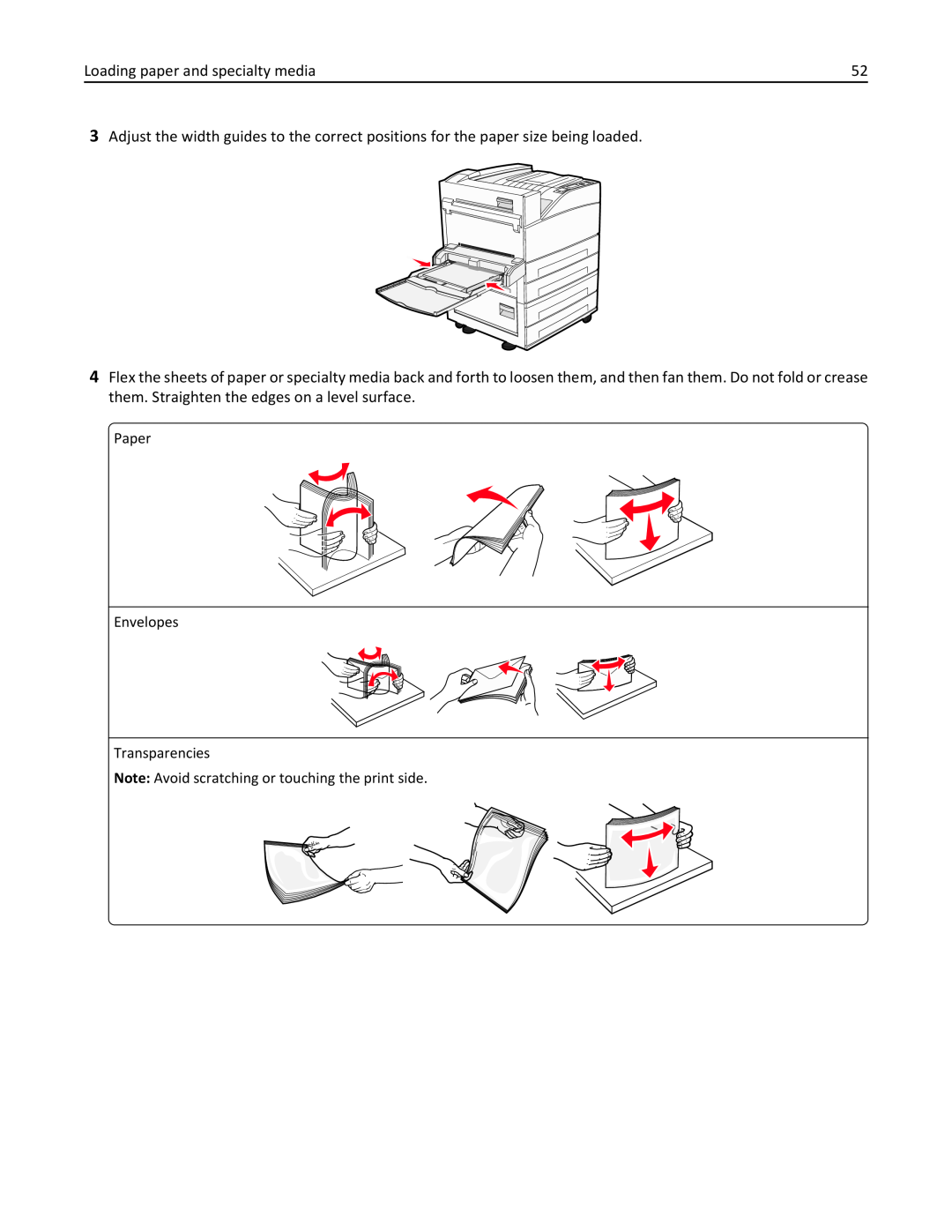 Lexmark W850DN, 110, 19Z0301 manual Paper Envelopes Transparencies, Note Avoid scratching or touching the print side 