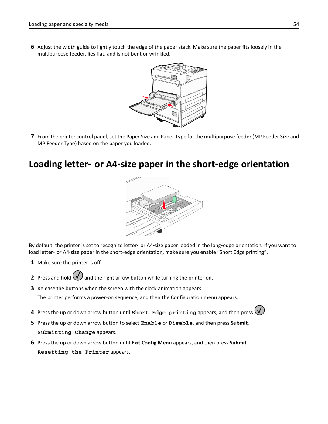 Lexmark 110, W850DN, 19Z0301 manual Loading letter‑ or A4‑size paper in the short‑edge orientation, Submitting Change appears 