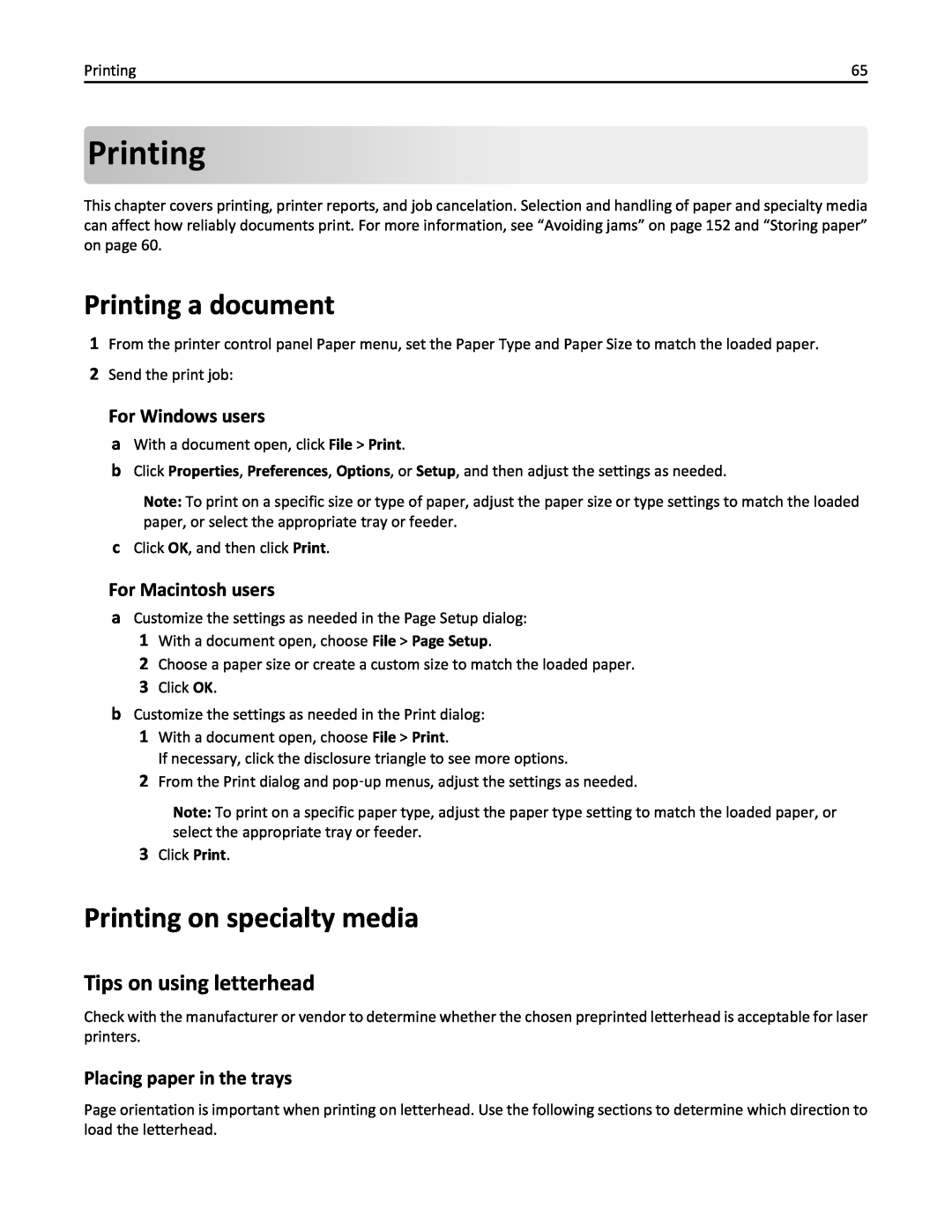 Lexmark 19Z0301 Printing a document, Printing on specialty media, Tips on using letterhead, Placing paper in the trays 