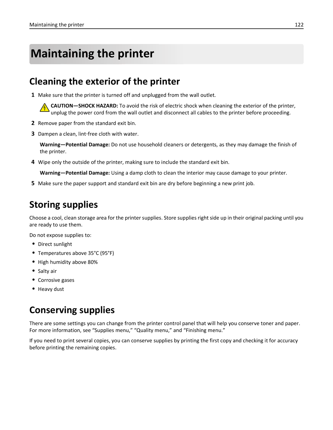 Lexmark 19Z0301 Cleaning the exterior of the printer, Storing supplies, Conserving supplies, Maintaining the printer 122 