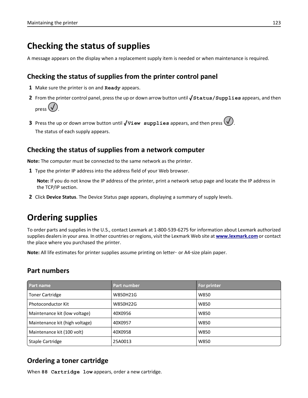 Lexmark 110, W850DN, 19Z0301 Ordering supplies, Checking the status of supplies from a network computer, Part numbers 