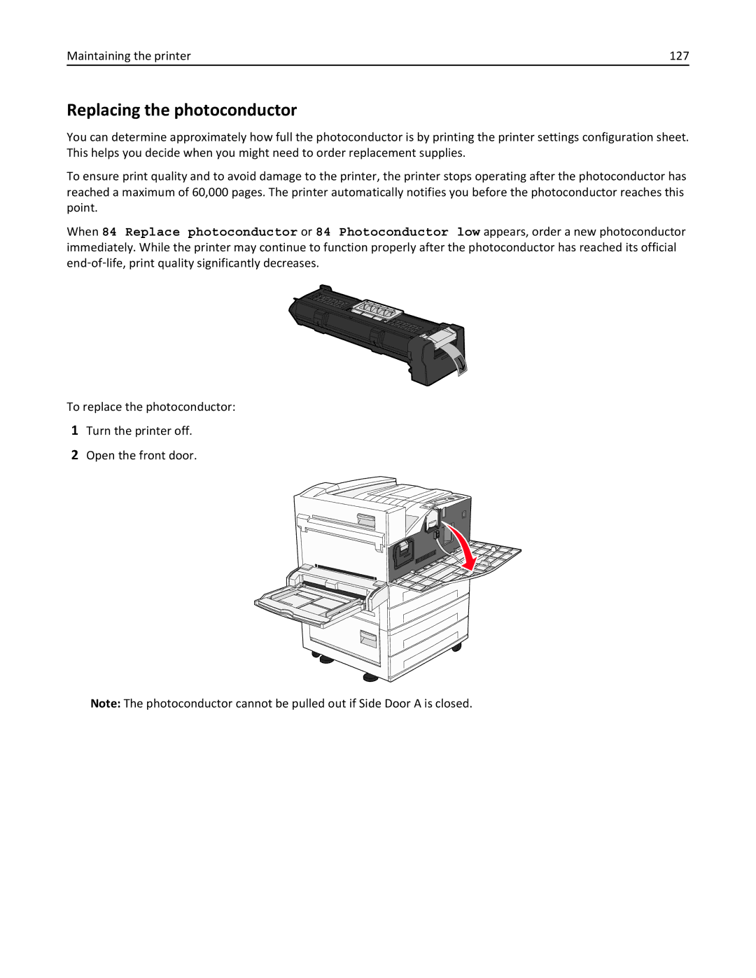 Lexmark W850DN, 110, 19Z0301 manual Replacing the photoconductor, Maintaining the printer 127 