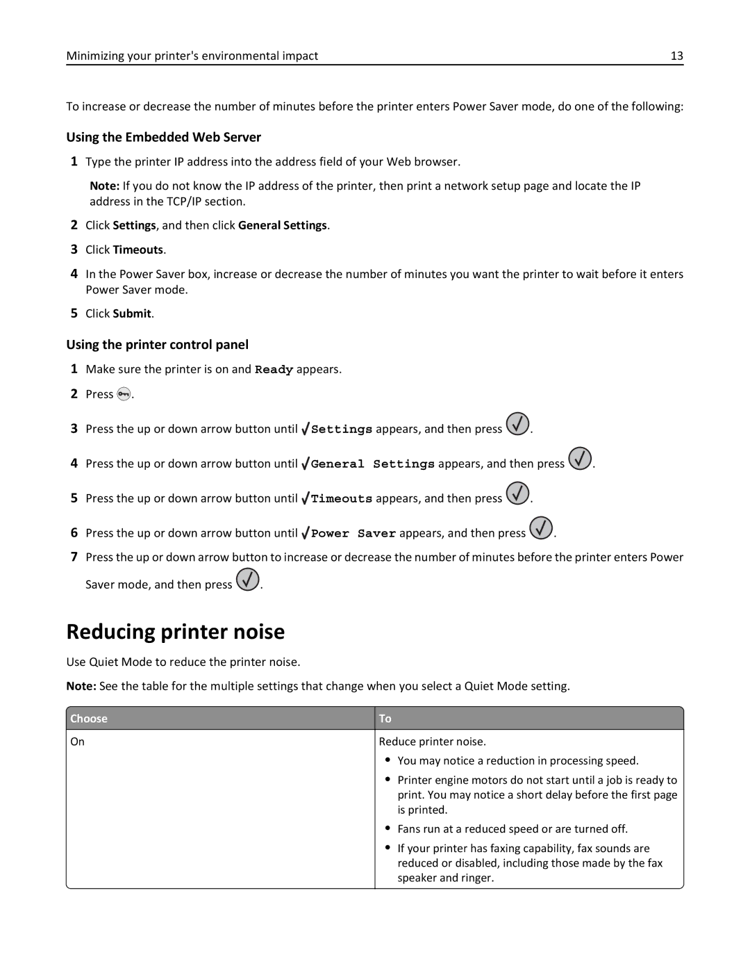 Lexmark W850DN, 110, 19Z0301 manual Reducing printer noise, Using the Embedded Web Server, Using the printer control panel 