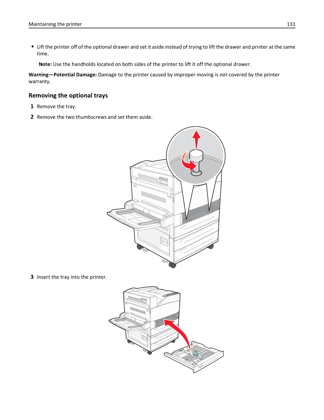 Lexmark 19Z0301, 110, W850DN manual Removing the optional trays 