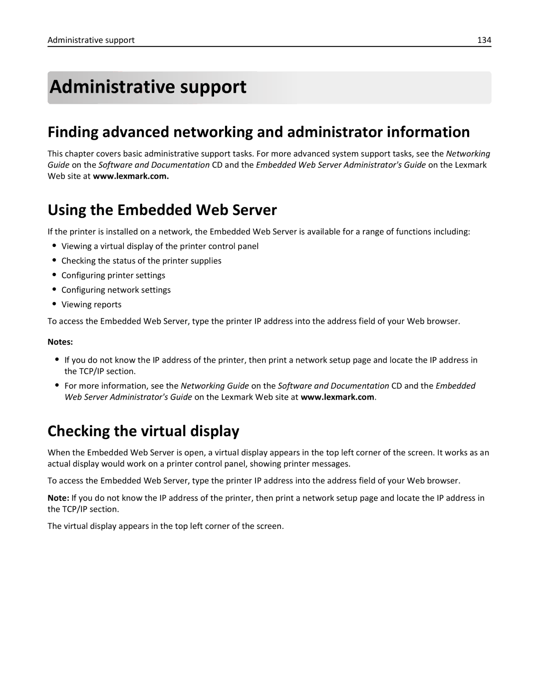 Lexmark 19Z0301, 110, W850DN manual Checking the virtual display, Administrative support 134 