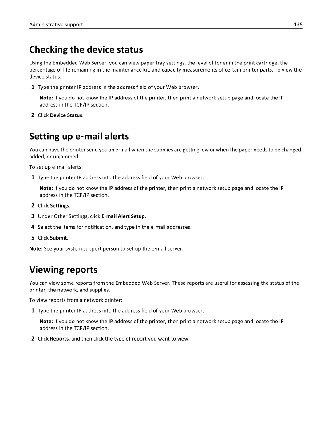 Lexmark 110, W850DN, 19Z0301 manual Checking the device status, Administrative support 135 