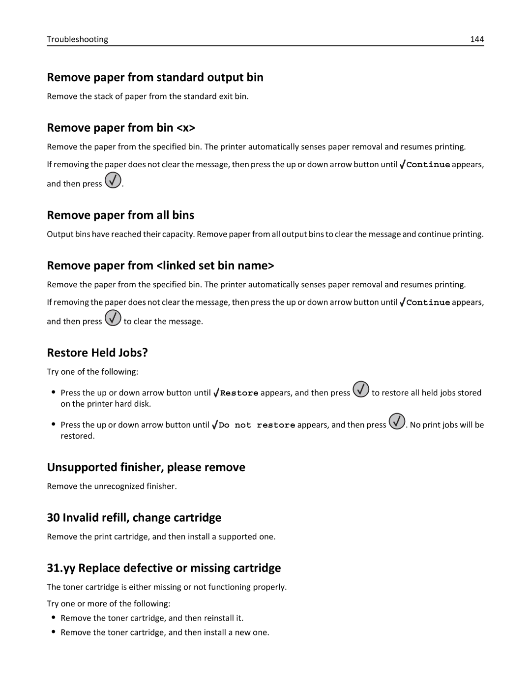 Lexmark 110 Remove paper from standard output bin, Remove paper from bin, Remove paper from all bins, Restore Held Jobs? 