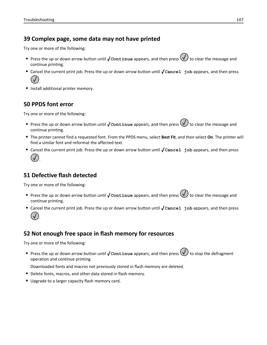 Lexmark 110 Complex page, some data may not have printed, Ppds font error, Defective flash detected, Troubleshooting 147 