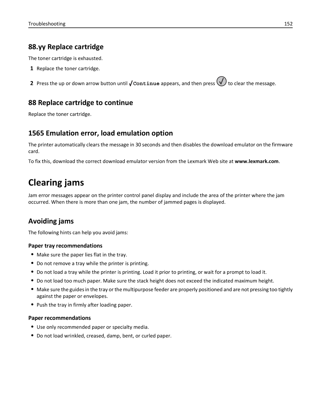 Lexmark 19Z0301 Clearing jams, Yy Replace cartridge, Replace cartridge to continue, Emulation error, load emulation option 